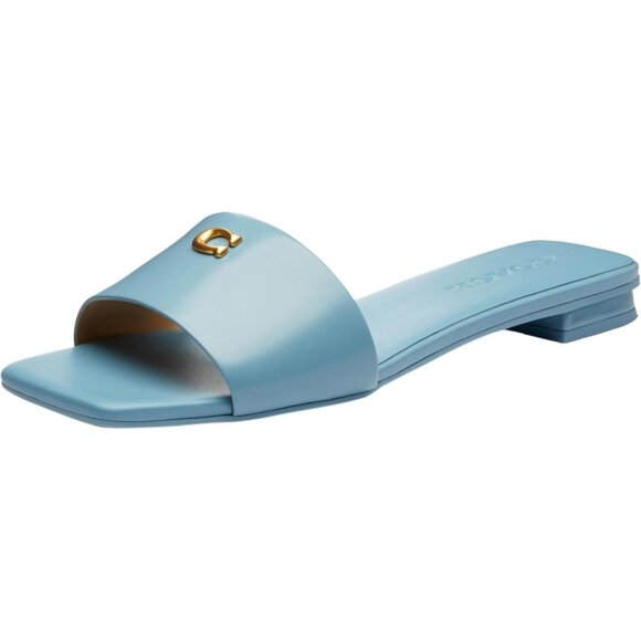 COACH Women's Sculpt C Logo Leather Slide Flat Sandals Sz 8 Bluebell - Picture 1 of 4